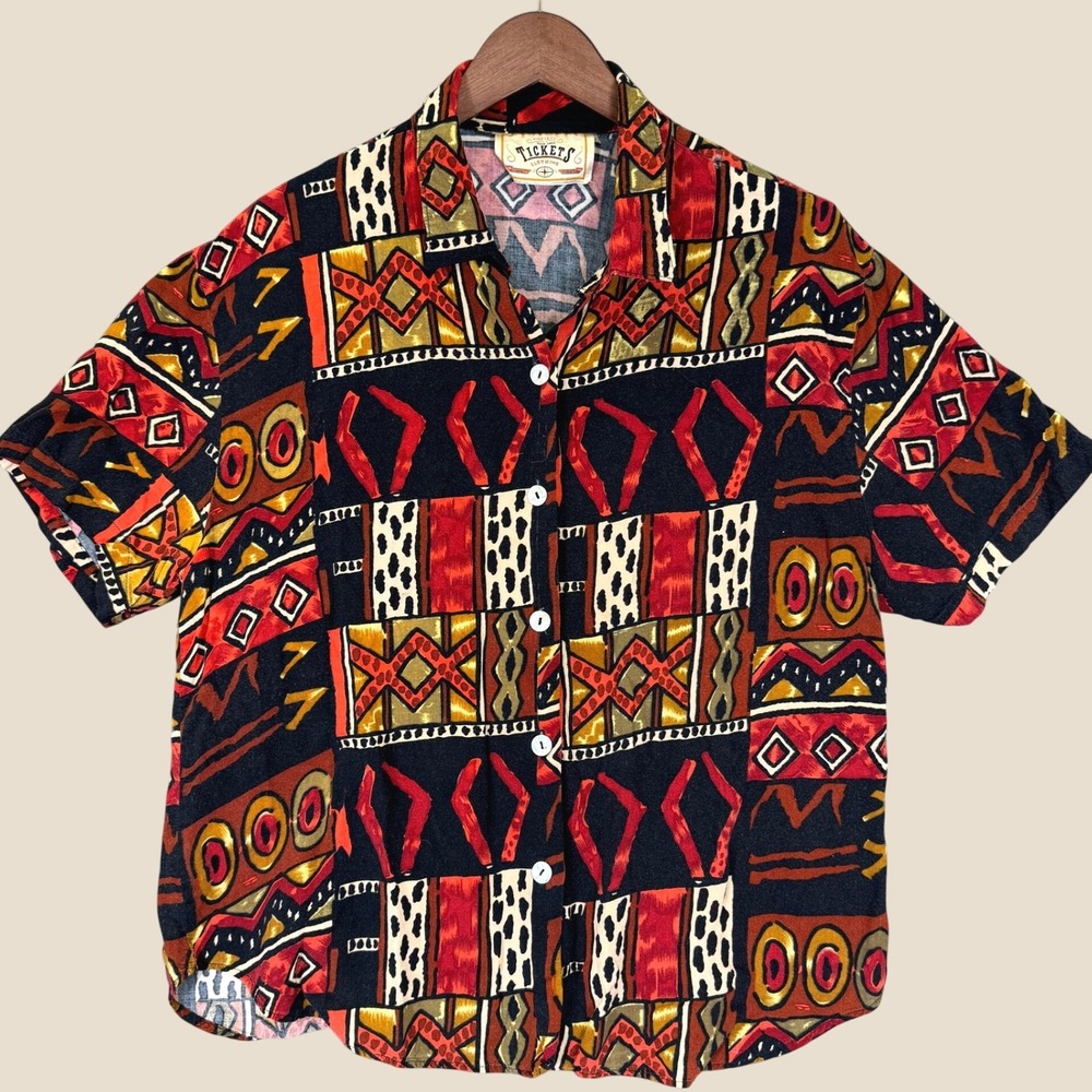 Vintage Tickets Clothing Shirt Women L Multicolor Geometric Tribal Retro Blouse